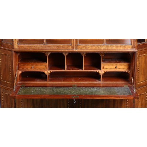 392 - A GOOD QUALITY LATE 19TH CENTURY MAHOGANY, CHEQUER-STRUNG AND BOXWOOD INLAID ESCRITOIRE BOOKCASE BY ... 