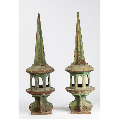 42 - A PAIR OF RAILWAY SIGNAL FINIALS. the pointed tapering tops above arch pierced octagonal centres and... 