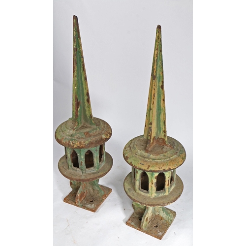 42 - A PAIR OF RAILWAY SIGNAL FINIALS. the pointed tapering tops above arch pierced octagonal centres and... 