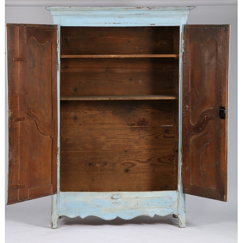 58 - A 19TH CENTURY FRENCH ARMOIRE. with light blue painted exterior, the downswept pediment above two sh... 