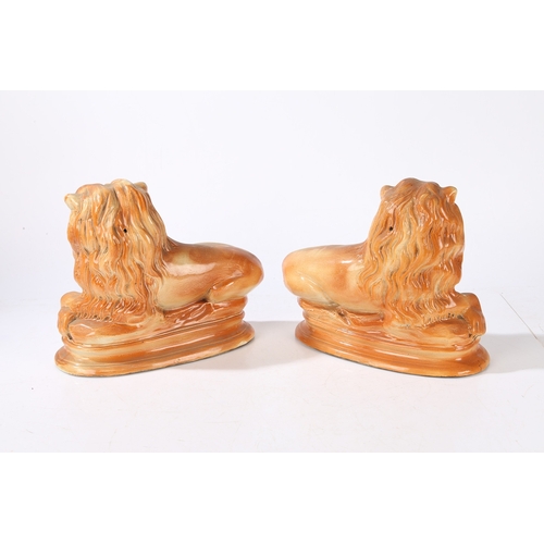 90 - A PAIR OF VICTORIAN STAFFORDSHIRE LIONS. modelled in recumbent positions with gilt highlighted manes... 