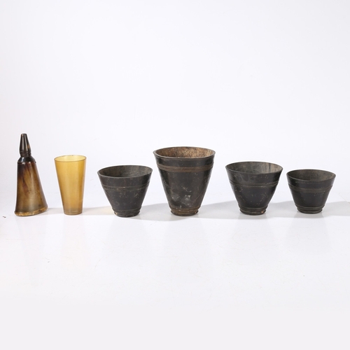 91 - A HORN POWDER FLASK, BEAKER AND FOUR TAPERING VESSSELS (6). the powder flask with wooden inset base,... 