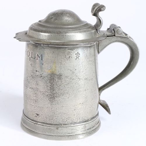 11 - A RARE AND DOCUMENTED WILLIAM & MARY OEWS QUART STRAIGHT-SIDED DOME-LIDDED TANKARD, BIRMINGHAM, CIRC... 