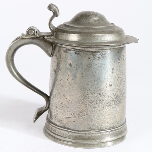 11 - A RARE AND DOCUMENTED WILLIAM & MARY OEWS QUART STRAIGHT-SIDED DOME-LIDDED TANKARD, BIRMINGHAM, CIRC... 