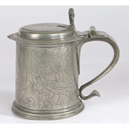 12 - A VERY RARE WILLIAM & MARY ROYAL COMMEMORATIVE DOUBLE-PORTRAIT PEWTER WRIGGLEWORK FLAT-LID TANKARD, ... 