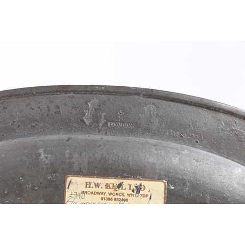 126 - A PAIR OF PEWTER PLAIN RIM OVAL DISHES, BIRMINGHAM, CIRCA 1830. Each with a large wrigglework letter... 