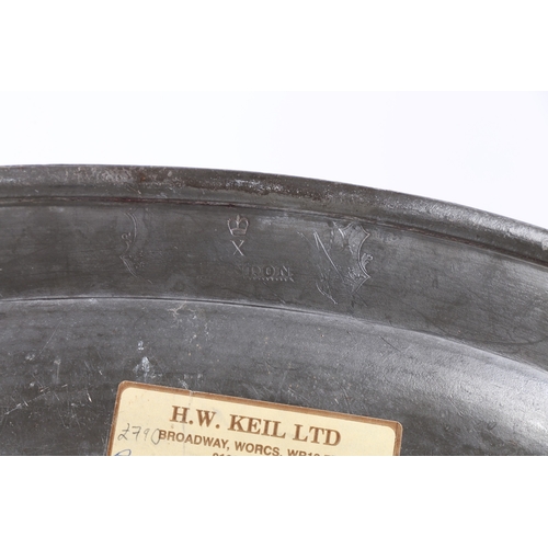 126 - A PAIR OF PEWTER PLAIN RIM OVAL DISHES, BIRMINGHAM, CIRCA 1830. Each with a large wrigglework letter... 