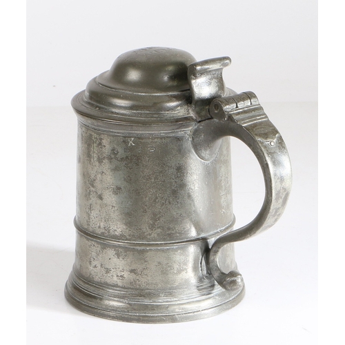 13 - WOOL GUILD, NORWICH: A RARE AND FINE GEORGE II PEWTER DOUBLE DOMED-LIDDED STRAIGHT-SIDED AND ENGRAVE... 