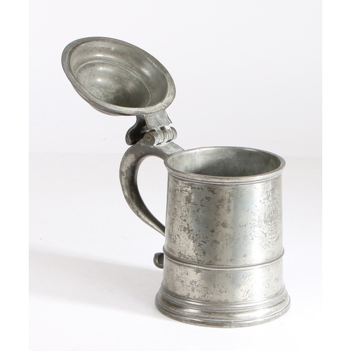 13 - WOOL GUILD, NORWICH: A RARE AND FINE GEORGE II PEWTER DOUBLE DOMED-LIDDED STRAIGHT-SIDED AND ENGRAVE... 