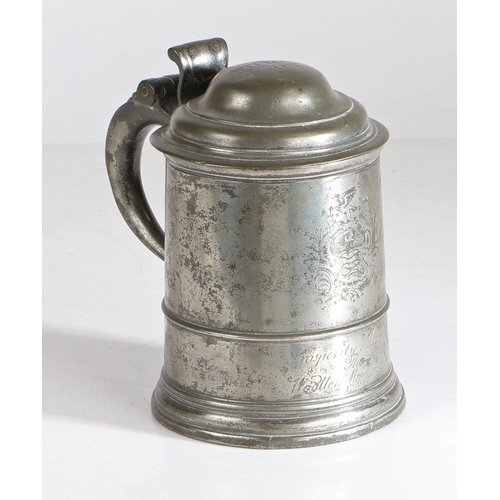 13 - WOOL GUILD, NORWICH: A RARE AND FINE GEORGE II PEWTER DOUBLE DOMED-LIDDED STRAIGHT-SIDED AND ENGRAVE... 