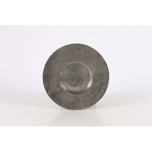 130 - A 17TH CENTURY PEWTER BROAD RIM PLATE, EUROPEAN. The rim stamped with a large coronet topped coat of... 