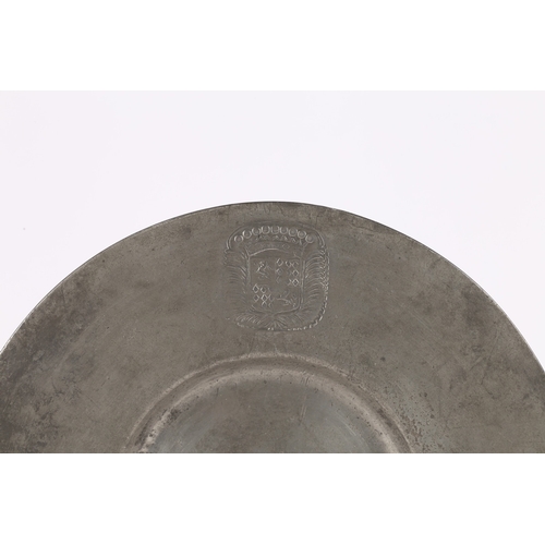 130 - A 17TH CENTURY PEWTER BROAD RIM PLATE, EUROPEAN. The rim stamped with a large coronet topped coat of... 