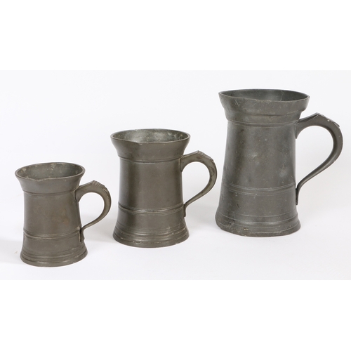 17 - A GEORGE III PEWTER OEWS QUART STRAIGHT-SIDED MUG, CONVERTED TO IMPERIAL CAPACITY BY EXTENDING THE L... 