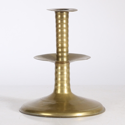 178 - A VERY FINE AND LARGE MID -TO LATE 17TH CENTURY BRASS TRUMPET-BASE CANDLESTICK, ENGLISH CIRCA 1650-8... 