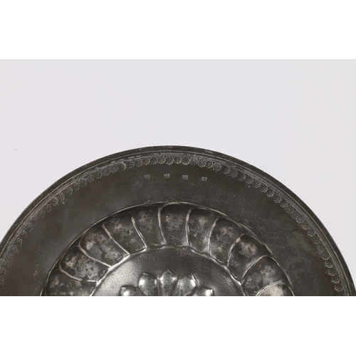 2 - A RARE WILLIAM & MARY PEWTER REPOUSSÉ DECORATED 'ROSEWATER' DISH, CIRCA 1690. The multiple reeded ri... 