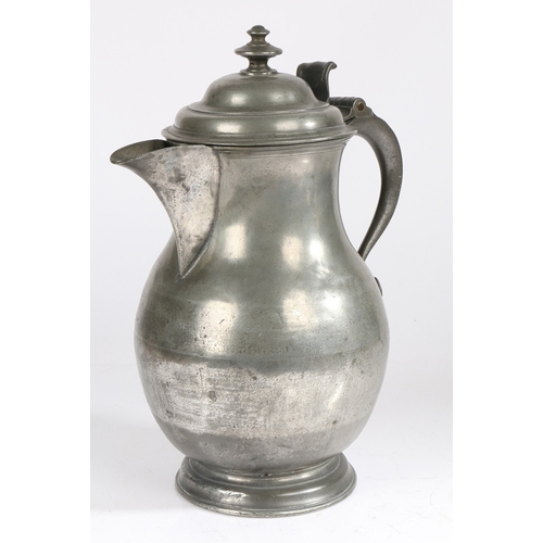 24 - A MID-18TH CENTURY PEWTER BALUSTER-SHAPED LAVER/FLAGON, CIRCA 1750. Having a domed lid with two-tier... 