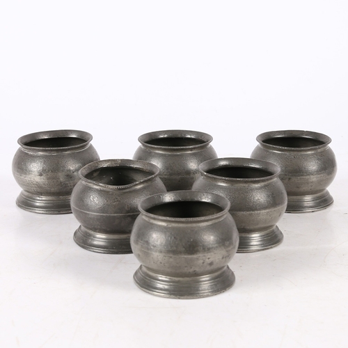 41 - A RARE SET OF SIX EARLY 19TH CENTURY PEWTER BULBOUS SALTS, ENGLISH, CIRCA 1830. Each with a beaded c... 