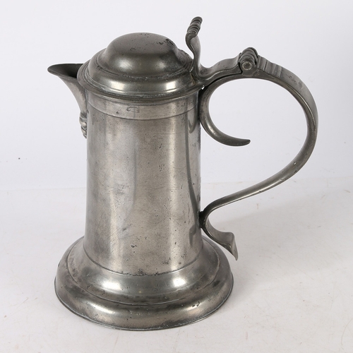 43 - A LATE 18TH CENTURY PEWTER DOME-LID SPOUTED FLAGON, IRISH, CIRCA 1780. Having a plain, straight-side... 