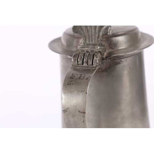 46 - A WILLIAM & MARY PEWTER FLAT-LID FLAGON, YORK, CIRCA 1690. Having a plain straight-sided and taperin... 