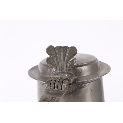 46 - A WILLIAM & MARY PEWTER FLAT-LID FLAGON, YORK, CIRCA 1690. Having a plain straight-sided and taperin... 