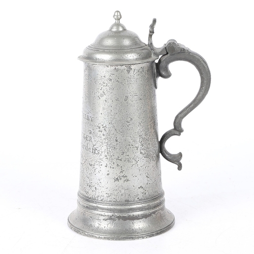 48 - A SMALL GEORGE III PEWTER SPIRE FLAGON, WORCESTERSHIRE, DATED 1776. Having a knopped dome-lid, open ... 