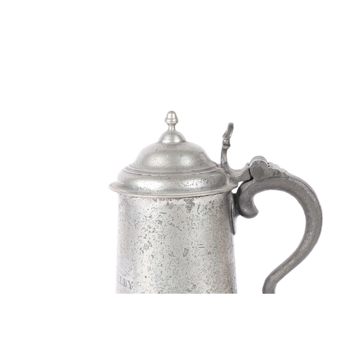 48 - A SMALL GEORGE III PEWTER SPIRE FLAGON, WORCESTERSHIRE, DATED 1776. Having a knopped dome-lid, open ... 