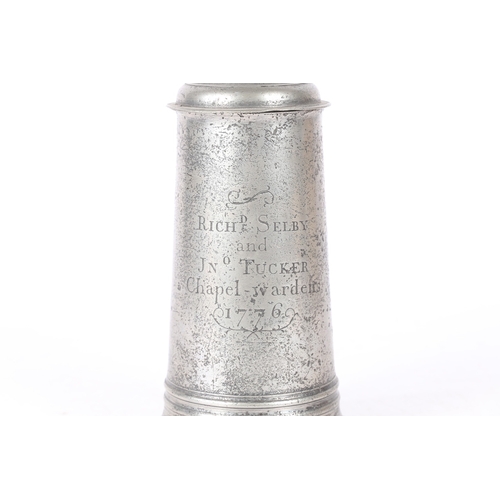 48 - A SMALL GEORGE III PEWTER SPIRE FLAGON, WORCESTERSHIRE, DATED 1776. Having a knopped dome-lid, open ... 