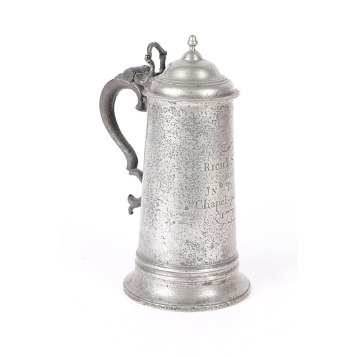 48 - A SMALL GEORGE III PEWTER SPIRE FLAGON, WORCESTERSHIRE, DATED 1776. Having a knopped dome-lid, open ... 