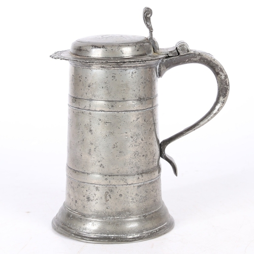 51 - A RARE CHARLES II PEWTER FLAT-LID DOUBLE-BANDED FLAGON, WIGAN, CIRCA 1680. The straight-sided drum w... 