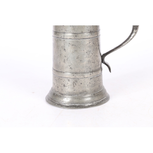 51 - A RARE CHARLES II PEWTER FLAT-LID DOUBLE-BANDED FLAGON, WIGAN, CIRCA 1680. The straight-sided drum w... 