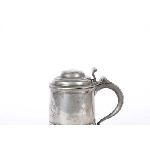 52 - OF CHARLES DICKENS INTEREST: A GOOD PEWTER QUART STRAIGHT-SIDED, DOME-LID AND ENGRAVED TANKARD, CIRC... 
