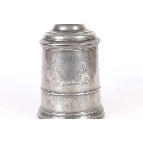 52 - OF CHARLES DICKENS INTEREST: A GOOD PEWTER QUART STRAIGHT-SIDED, DOME-LID AND ENGRAVED TANKARD, CIRC... 