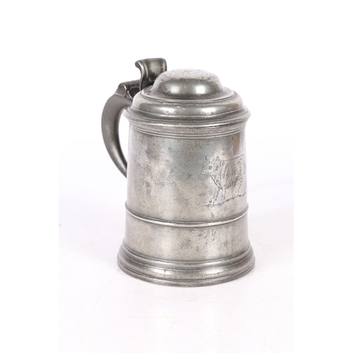 52 - OF CHARLES DICKENS INTEREST: A GOOD PEWTER QUART STRAIGHT-SIDED, DOME-LID AND ENGRAVED TANKARD, CIRC... 