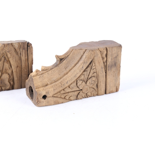 522 - A PAIR OF 15TH CENTURY ENGLISH CARVED OAK CORNER SPANDRELS. possibly from a rood screen with leaf an... 