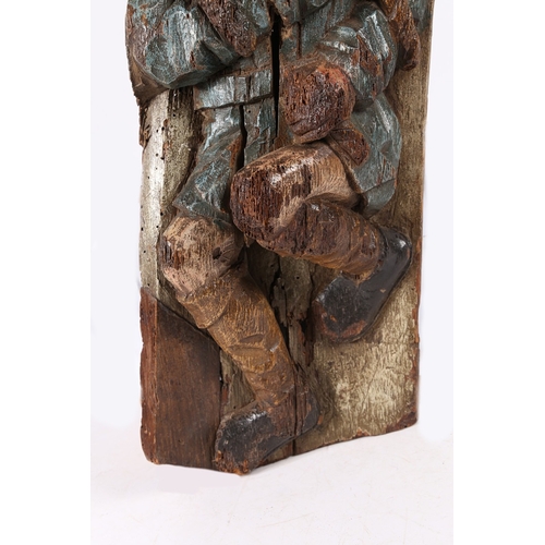 523 - A RARE 15TH CENTURY PINE & POLYCHROME-DECORATED SECULAR CARVING. Designed as a full-length male, wea... 