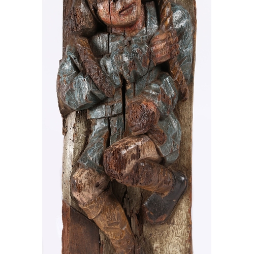 523 - A RARE 15TH CENTURY PINE & POLYCHROME-DECORATED SECULAR CARVING. Designed as a full-length male, wea... 