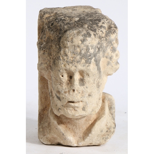 529 - A 19TH CENTURY CARVED LIMESTONE KEYSTONE. depicting a bearded gentleman, 20cm wide, 
34cm high, 30cm... 