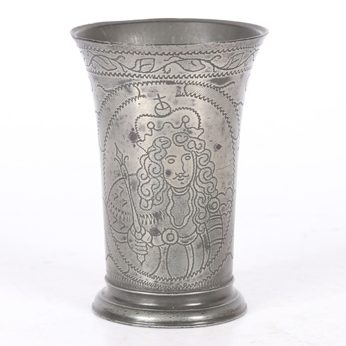 53 - A SMALL PEWTER WRIGGLEWORK ROYAL PORTRAIT BEAKER, DUTCH, CIRCA 1700. Of flared form, with slender fo... 