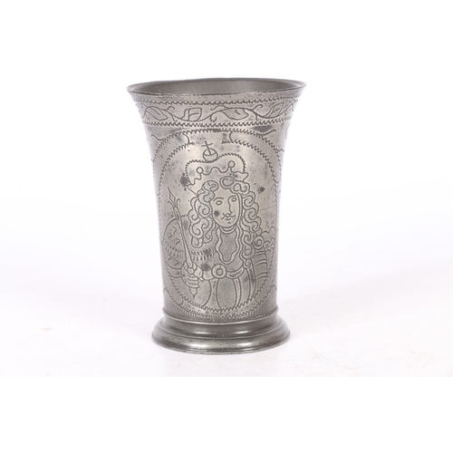 53 - A SMALL PEWTER WRIGGLEWORK ROYAL PORTRAIT BEAKER, DUTCH, CIRCA 1700. Of flared form, with slender fo... 