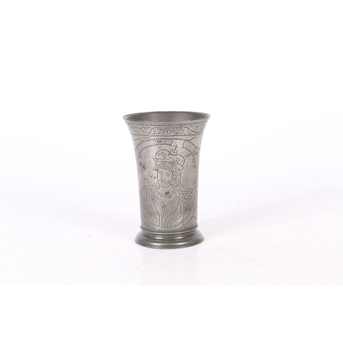 53 - A SMALL PEWTER WRIGGLEWORK ROYAL PORTRAIT BEAKER, DUTCH, CIRCA 1700. Of flared form, with slender fo... 