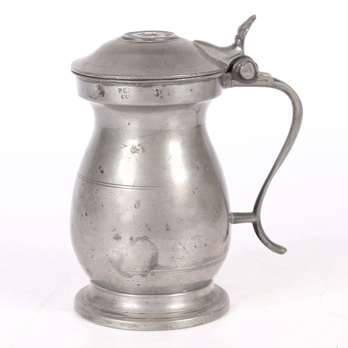 54 - A VICTORIAN PEWTER IMPERIAL PINT DOME-LIDDED BULBOUS MEASURE, GLASGOW, CIRCA 1850. With typical crow... 