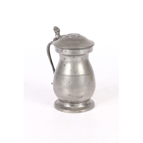 54 - A VICTORIAN PEWTER IMPERIAL PINT DOME-LIDDED BULBOUS MEASURE, GLASGOW, CIRCA 1850. With typical crow... 