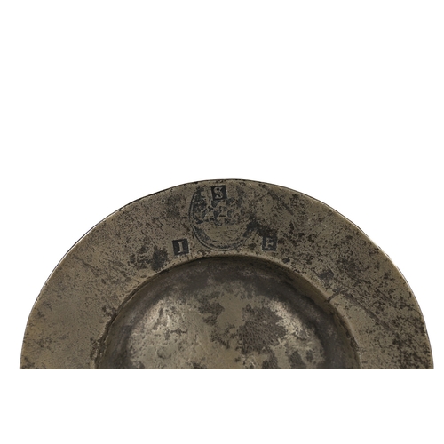 57 - A MID-16TH CENTURY PEWTER BROAD RIM SPICE DISH, CIRCA 1550. The front rim bearing maker's touchmark ... 