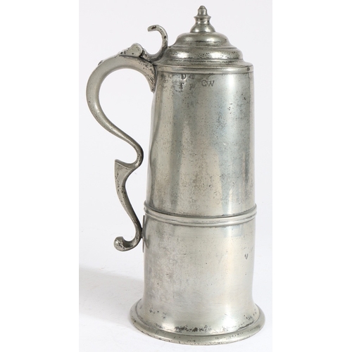 81 - A RARE GEORGE III PEWTER SPIRE FLAGON, DEVON, CIRCA 1780. Having a drum slightly bulging around the ... 