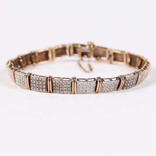 17 - A 9 CARAT GOLD AND DIAMOND BRACELET. formed from nineteen rectangular panels each set with twenty ro... 