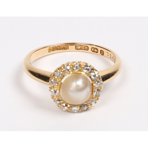 47 - A VICTORIAN 18 CARAT GOLD, PEARL AND DIAMOND RING. the central pearl surrounded by a band of fourtee... 