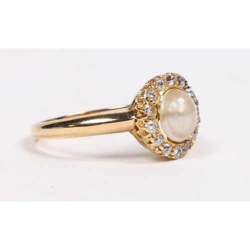 47 - A VICTORIAN 18 CARAT GOLD, PEARL AND DIAMOND RING. the central pearl surrounded by a band of fourtee... 