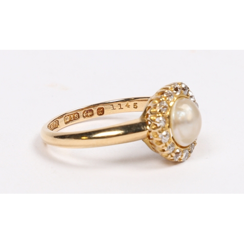 47 - A VICTORIAN 18 CARAT GOLD, PEARL AND DIAMOND RING. the central pearl surrounded by a band of fourtee... 