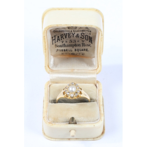 49 - AN 18 CARAT GOLD DIAMOND AND PEARL RING. An 18 carat gold diamond and pearl ring, the head set with ... 