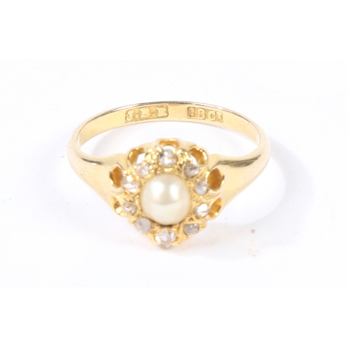 49 - AN 18 CARAT GOLD DIAMOND AND PEARL RING. An 18 carat gold diamond and pearl ring, the head set with ... 